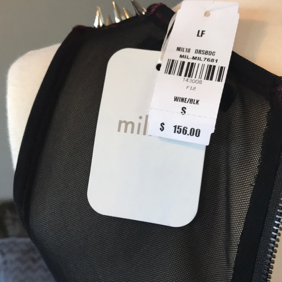 NWT wine blk mesh velvety minidress *SPIKES* S LF - Picture 5 of 8